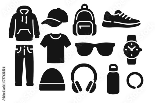 Youthful Icon Set. Solid style icons of Youth and casual style: hoodie, cap, backpack, sneakers, t-shirt, jeans, sunglasses, watch