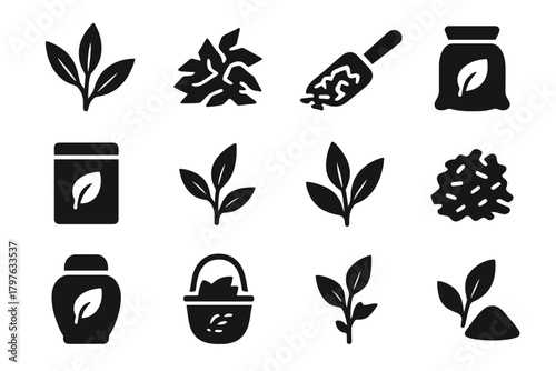 Solid Tea Leaves Icons. Solid style icons of Tea leaves: fresh leaves, dried leaves, tea scoop, tea sack, tea tin, loose leaf tea,