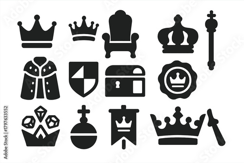 Royalty Icon Collection. Solid style icons of royalty: king crown, queen crown, royal throne, scepter, royal robe, heraldic shield