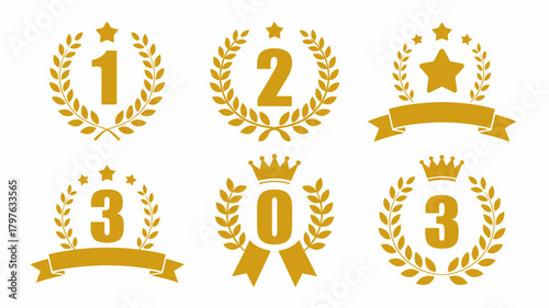 Golden award and achievement vector icons set featuring laurel wreaths, stars, crowns, ribbons, and numbers for ranking and success.