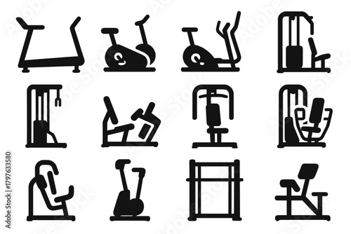 Gym Equipment Icons. Solid style icons of Gym machines: treadmill, stationary bike, rowing machine, elliptical, cable machine, leg