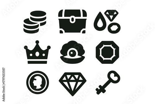 Treasure Icons Collection. Solid style icons of Treasure and loot: gold coins, treasure chest, jewels, gems, crown, pearl, ruby,