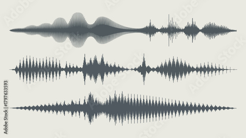 Modern digital audio waveforms illustrating diverse sound frequencies, amplitudes, and spectral analysis for technology and media.