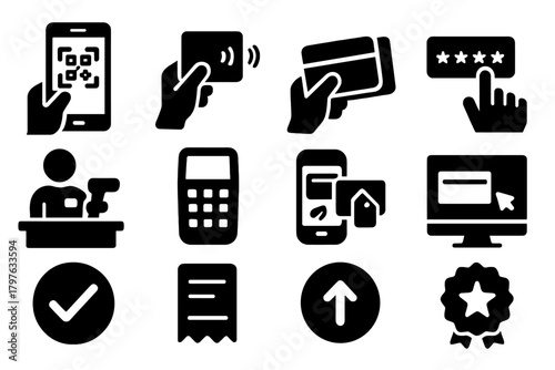 Redemption Icons Collection. Solid style icons of redemption steps: scan QR card, tap NFC card, swipe magnetic stripe, enter promo