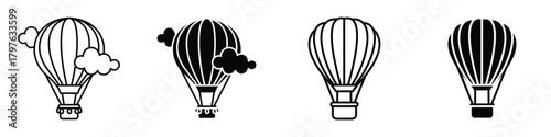 Hot air balloon icon in linear and clipart style pack on white background.