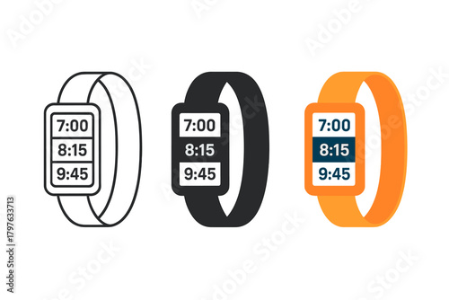 Three watches with the time 7:15 on them. The watches are black and orange