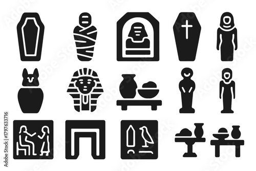 Tomb Icons Collection. Solid style icons of Tomb and burial: sarcophagus, mummy, burial chamber, coffin, canopic jar, funerary