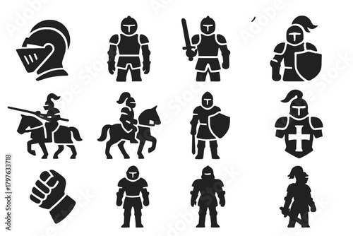 Solid Knight Icons. Solid style icons of knights: knight helmet, armored knight, knight with sword, knight with shield, jousting