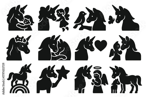 Unicorn Friendship Icons. Solid style icons of unicorn friendship: unicorn with child, unicorn with fairy, unicorn with bird,