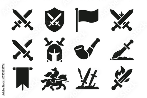 Medieval Battle Icons. Solid style icons of battles: crossed swords, shield with swords, battle flag, clashing swords, broken