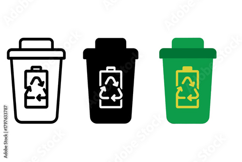 Three trash cans with a battery symbol on them. The black one is on the left, the middle one is in the middle, and the green one is on the right