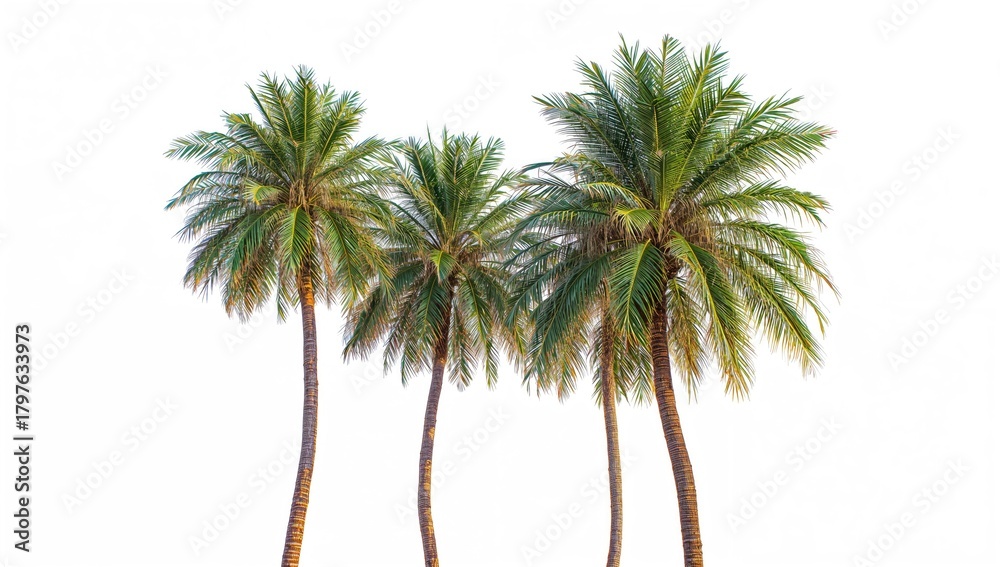 Fototapeta premium Three palm trees against a white backdrop, ideal for editorial layouts