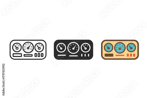 Three different colored speedometers are shown in a row. The black and white speedometer is in the middle, and the other two are on the left and right