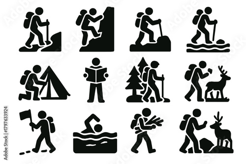 Adventure Icons Set. Solid style icons of Adventure actions: hiking trail, climbing rocks, crossing river, setting up tent,