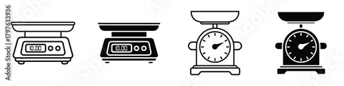 Kitchen scales icon in linear and clipart style pack on white background.