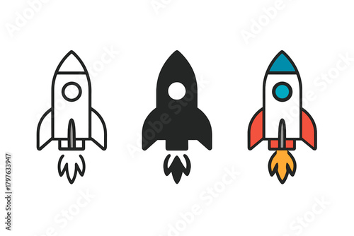 Three rocket ships are shown in different colors, with one of them being black. The rockets are all pointing in different directions, with one pointing to the left, one pointing to the right