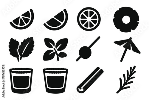 Cocktail Garnishes Icons. Solid style icons of cocktail garnishes: lemon wedge, lime wedge, orange slice, pineapple slice, mint