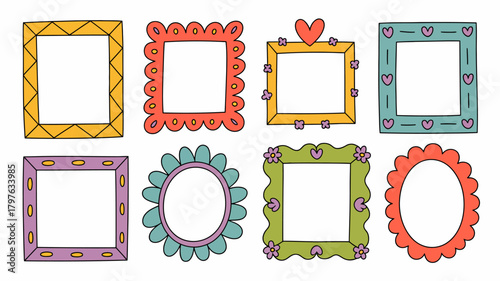 Collection of hand-drawn colorful decorative frames in various shapes and styles, perfect for whimsical design projects and photo borders