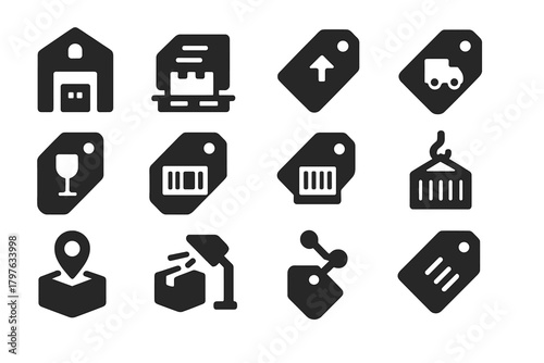 Logistics Icon Set. Solid style icons of inventory and logistics: warehouse tag, pallet label, shipping tag, delivery label,