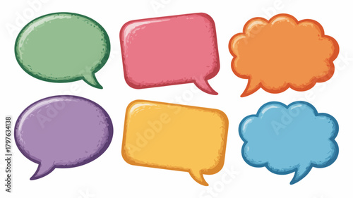 A vibrant collection of textured speech and thought bubbles in various shapes and colors, perfect for communication, dialogue, and chat concepts