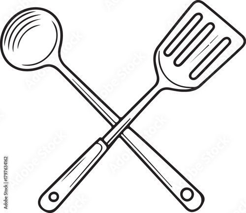 Crossed Cooking Utensils Ladle and Spatula Kitchen Tools Preparation Supplies Line Art Style