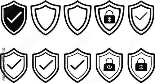 Security shield icons with checkmarks and locks for protection