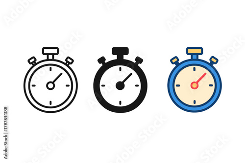 Three different colored clocks with black and white numbers. The clocks are set to different times. The blue clock is set to the time of 10:00