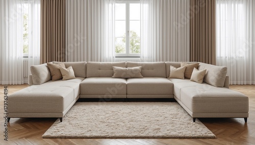 A beige, fluffy modern couc...