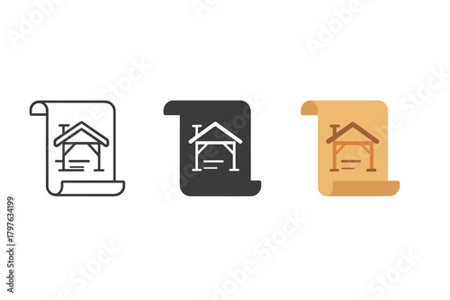 Three different drawings of a house. The first is a black and white drawing of a house with a chimney