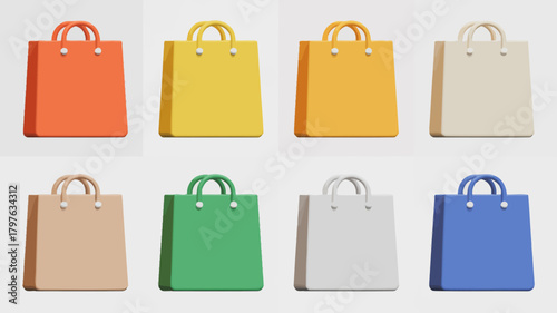Colorful 3d rendered shopping bags collection isolated on a light background, symbolizing retail, consumerism, online shopping, and discounts.