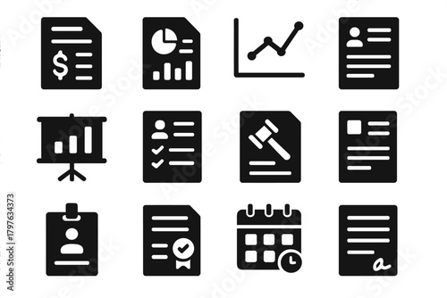 Business Document Icons. Solid style icons of business printing: invoice document, sales report, financial chart, official letter,