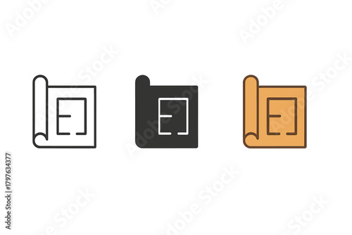Three different colored paper rolls with the letter E on them. The first is black and white, the second is orange and the third is yellow