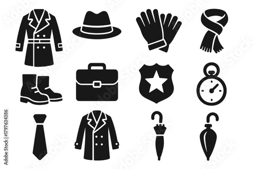 Detective Attire Icons. Solid style icons of Detective attire: trench coat, fedora hat, gloves, scarf, boots, briefcase, badge,