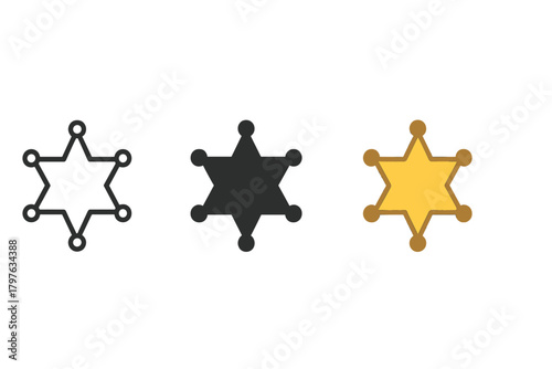 Three different colored police badges are shown, one black and one white, and one gold. The black and white badge is a standard police badge, while the gold badge is a more ornate version