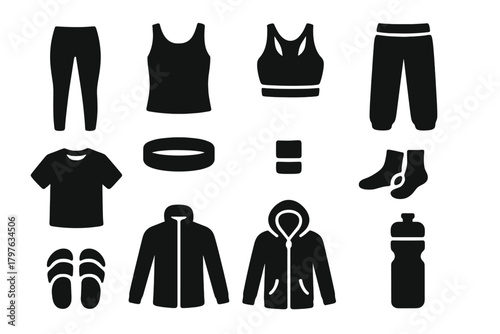 Yoga Attire Icons. Solid style icons of Yoga attire: leggings, tank top, sports bra, loose pants, t-shirt, headband, wristband,
