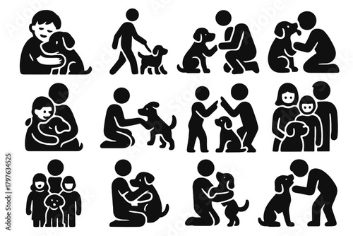 Icons of Dog Friendship. Solid style icons of friendship with dogs: child hugging dog, person walking dog, dog shaking paw, dog