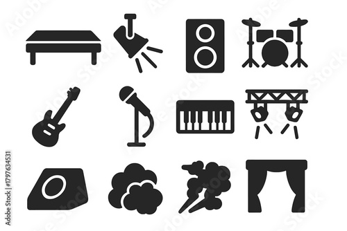 Set of musical icons including a guitar, microphone, keyboard, drum set, and other instruments