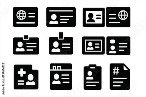 Identity Document Icons. Solid style icons of Identity documents: passport page, driving license, national ID card, student card,