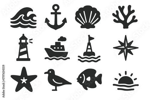 Ocean Icon Collection. Solid style icons of Ocean and sea elements: waves, anchor, seashell, coral, lighthouse, ship, buoy,