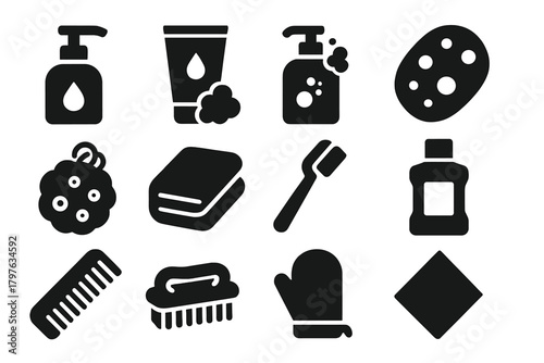 Hygiene Essentials Icons. Solid style icons of Hygiene items: hand sanitizer, face wash, body wash, sponge, loofah, towel,