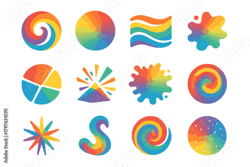 Abstract Color Icons. Solid style icons of Abstract colors: swirling spectrum, gradient circle, artistic waves, mixed colors,