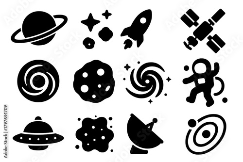 Space Icons Collection. Solid style icons of Space: planet with rings, star cluster, rocket in space, space station, black hole,