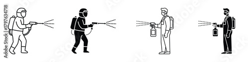 Mite disinfectant man icon in linear and clipart style pack on white background.