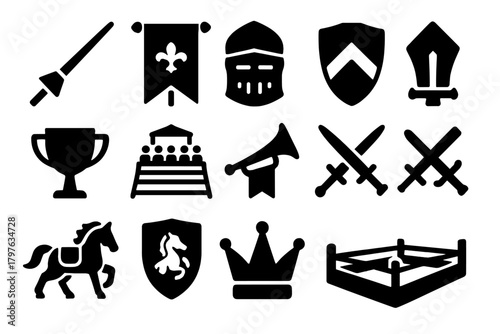 Medieval Tournament Icons. Solid style icons of tournaments: jousting lance, tournament banner, knight helmet, tournament shield,