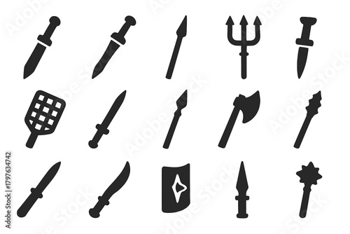 Roman Weapon Icons. Solid style icons of Roman weapons: gladius sword, dagger, spear, trident, net, javelin, pilum, battle axe,