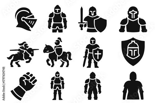 Solid Knight Icons. Solid style icons of knights: knight helmet, armored knight, knight with sword, knight with shield, jousting
