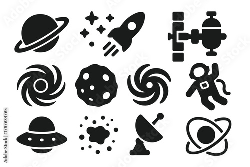 Space Icons Collection. Solid style icons of Space: planet with rings, star cluster, rocket in space, space station, black hole,