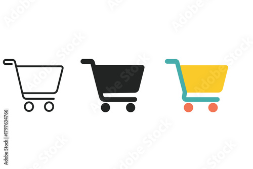 Three shopping carts are shown in different colors and sizes. The carts are black and white, and they are all different sizes