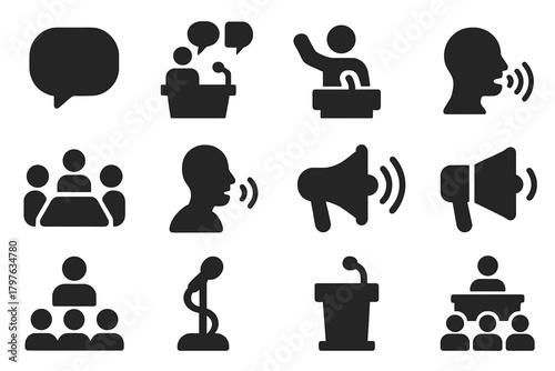 Speech Icons Collection. Solid style icons of speech themes: dialogue bubble, debate podium, storytelling figure, person speaking,
