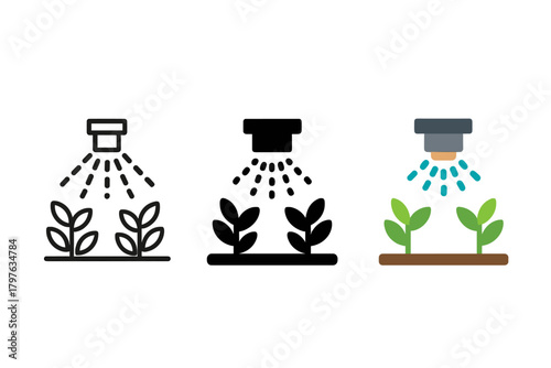 Three different images of a sprinkler watering plants. The first image shows a sprinkler watering a field of plants
